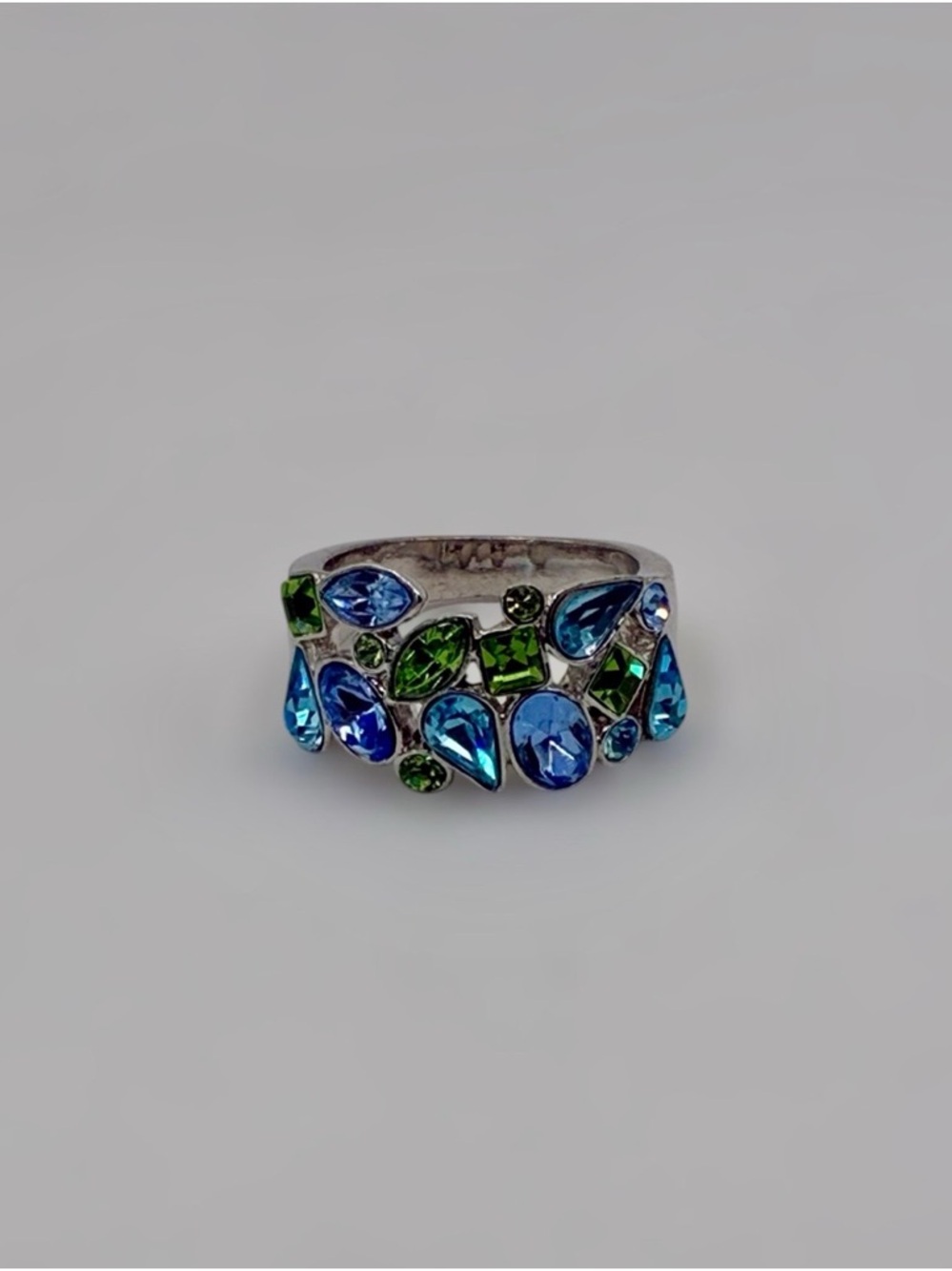 Lia Sophia Silver-Tone Blue & Green Crystal Cluster Statement Ring Size 6.75–7